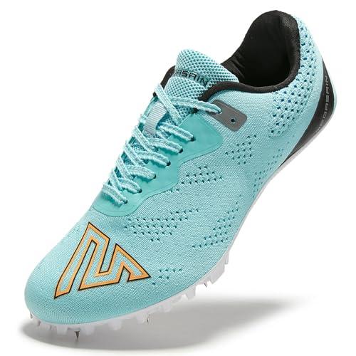 Medasain Track and Field Shoes for Men Women Kids Boys Girls Youth Spikes Professional Athletic Sprint Running Racing Shoes Light Blue, 12