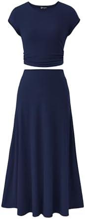 PRETTYGARDEN Two Piece Skirt Set for Women 2025 Summer Spring Dressy Casual Knit Travel Vacation Matching Lounge Outfits, Small