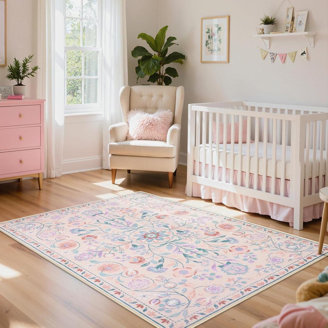 Anidaroel 5x7 Area Rugs for Living Room, Washable Pink Floral Rugs for Bedroom Girls, Soft Boho Nursery Rugs for Kids Playroom, Non Slip Low Pile Indoor Carpet for Bedside Dorm, Pink/Multi