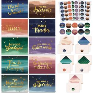 Decorably 50 Pack Gold Foiled 6x4in Employee Appreciation Thank You Cards with Envelopes and Stickers, 10 Designs Appreciation Cards for Coworker, Blank Inside
