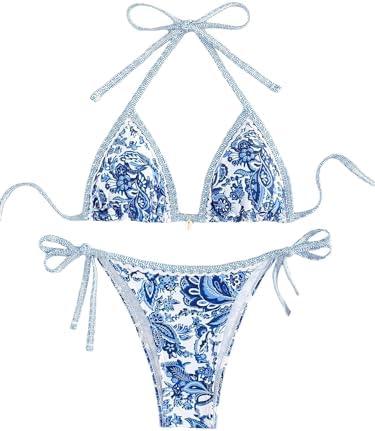 BYFINECANY Women's Floral Printed Bathing Suit Halter Paisley Summer Swimsuit Bikinis Set, S