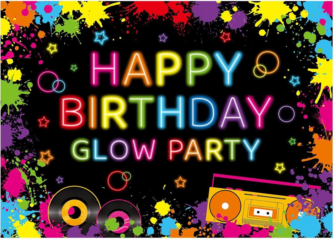 Peryiter 7x5 ft Neon Glow Party Backdrop Neon Birthday Party Background Glow in The Dark Happy Birthday Party Banner Graffiti Splash Paint Backdrop Decoration for Sleepover Party Supplies Photography
