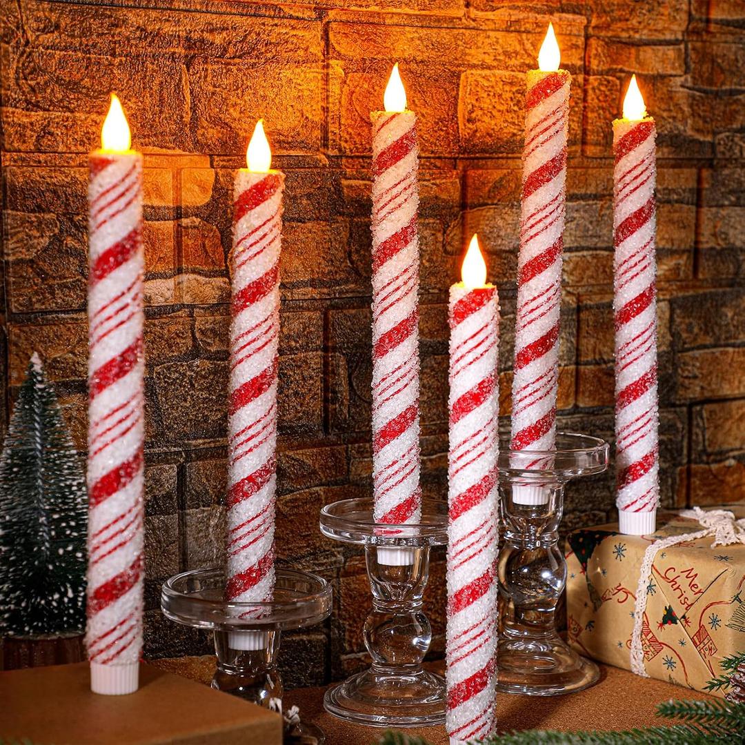 Baquler 6 Pcs Christmas Flameless Taper Candles 10.6 Inch Sea Salt Candy Cane Candles Battery Operated LED Christmas Candlesticks for Xmas Centerpiece Holiday Party Decor