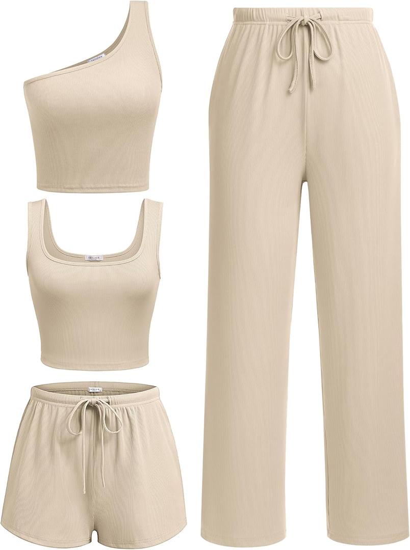Ekouaer Womens 4 Piece Lounge Sets Ribbed Knit Crop Tank Top and Shorts Pants Casual Outfits (Small, Light Coffee)