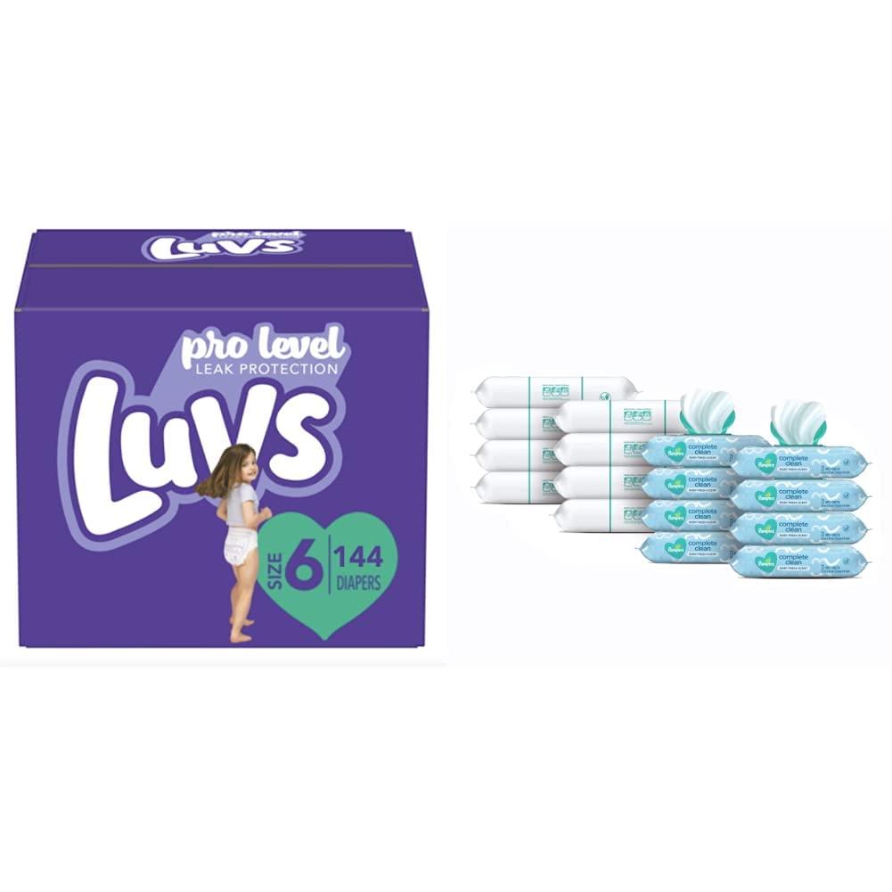 Luvs Pro Level Leak Protection Diapers Size 6 (2 X 144 Count) & Pampers Complete Clean Scented Baby Diaper Wipes, 8X Pop-Top Packs and 8 Refill Packs for Dispenser Tub, 1152 Total Wipes