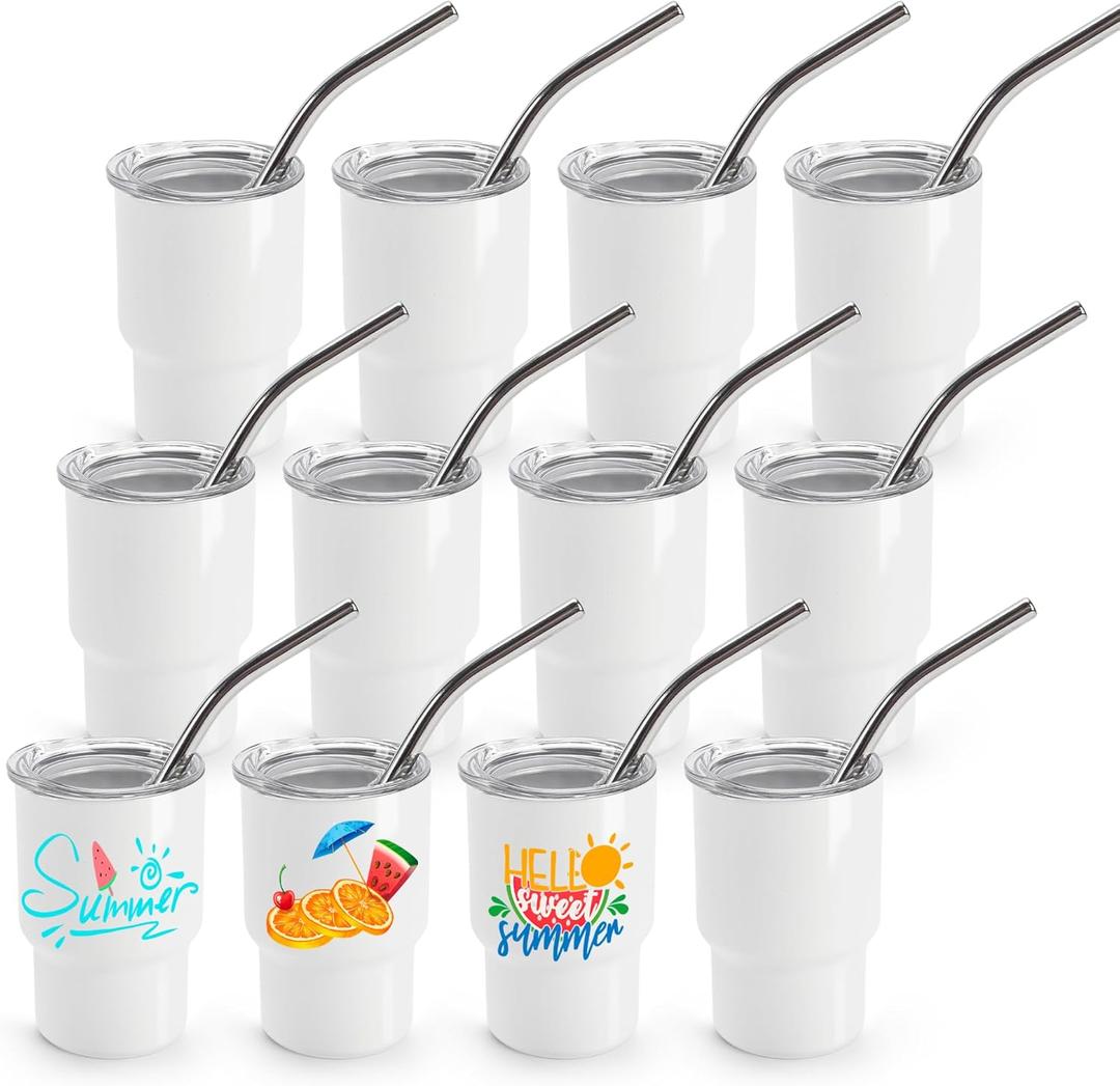 Joyclub 3 oz Mini Tumbler Shot Glass with Straw and Lid 12 Pack White Mini Cup Stainless Steel Sublimation Shot Tumblers for Wedding Party Whiskey Favors