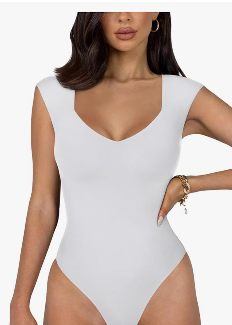 REORIA Butsmooth® Women's Trendy Sexy Casual V Neck Double Lined Sleeveless Slimming Going Out Tank Top Bodysuits L