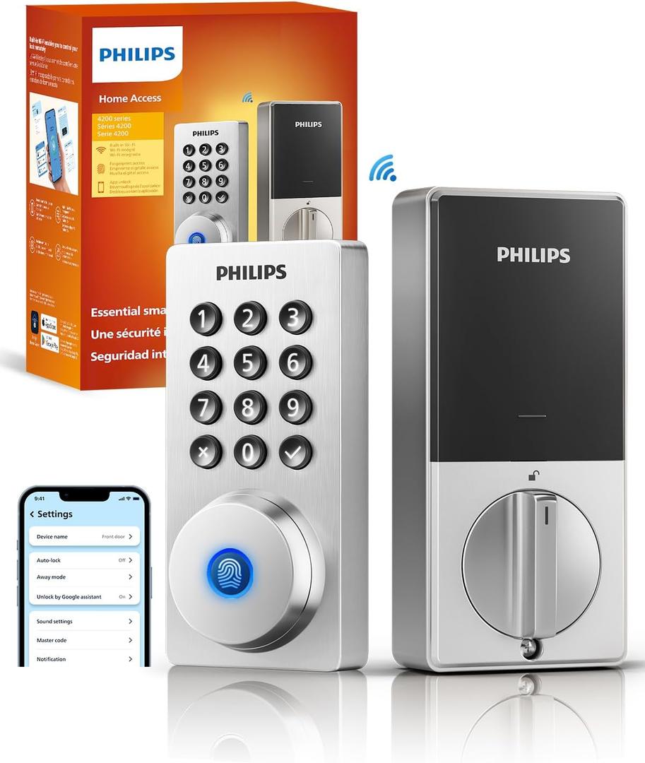 Philips Wi-Fi Door Lock, WiFi Smart Lock Keyless Entry Deadbolt for Front Door, Remote Control, Built-in WiFi, APP Fingerprint Passcode Unlock, Auto Locking