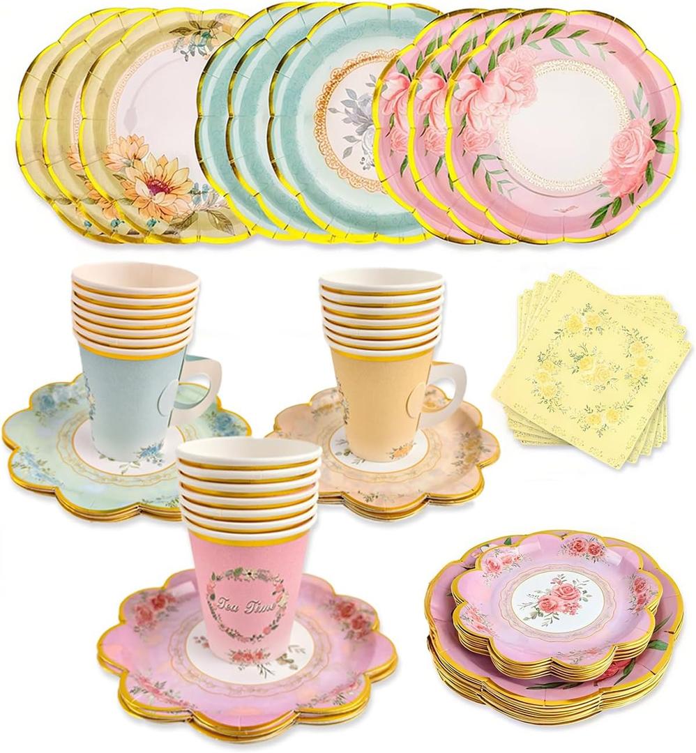 24 Sets Floral Paper Tea Cups and Saucers Disposable Tea Party Supplies, Teacup with Handle, 9''  7'' Plate, Napkin, Afternoon Tea Party Table Decorations for Birthday, Baby Shower, Mother's Day