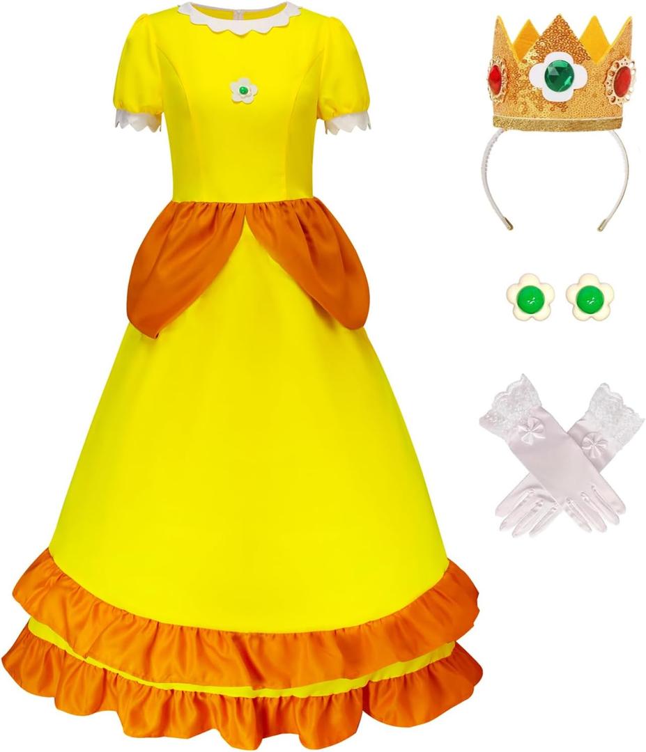 Princess Daisy Costume Adults Peach Costume Rosalina Dress Party Gown Ball Dress Crown Earrings for Women (X-Small, Yellow)