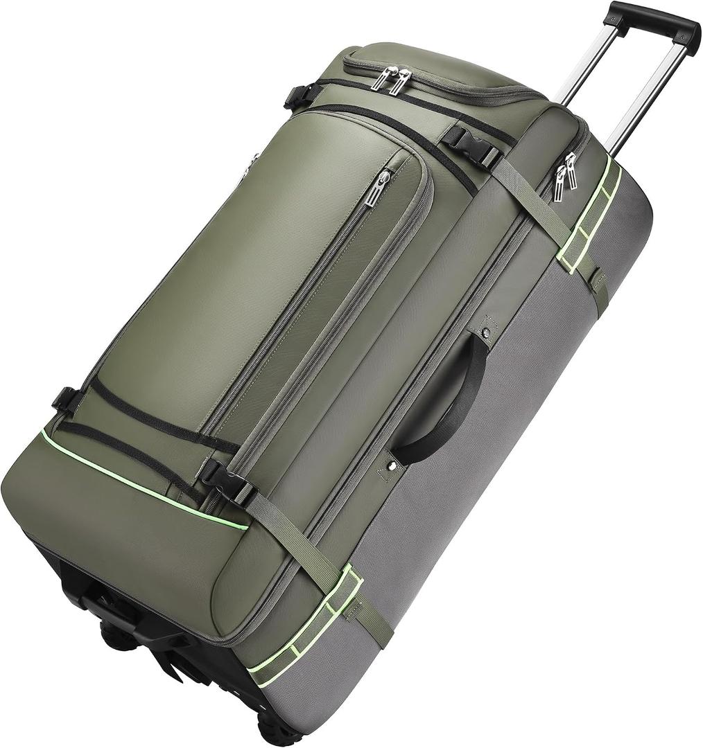 100L Extra Large Rolling Duffel Bag with Wheels and Handle 33" Heavy-Duty 1600D PVC Checked Luggage for Business Travel, Mens Week-Long Trips & Student Relocation, Foldable Base Design (Army Green)
