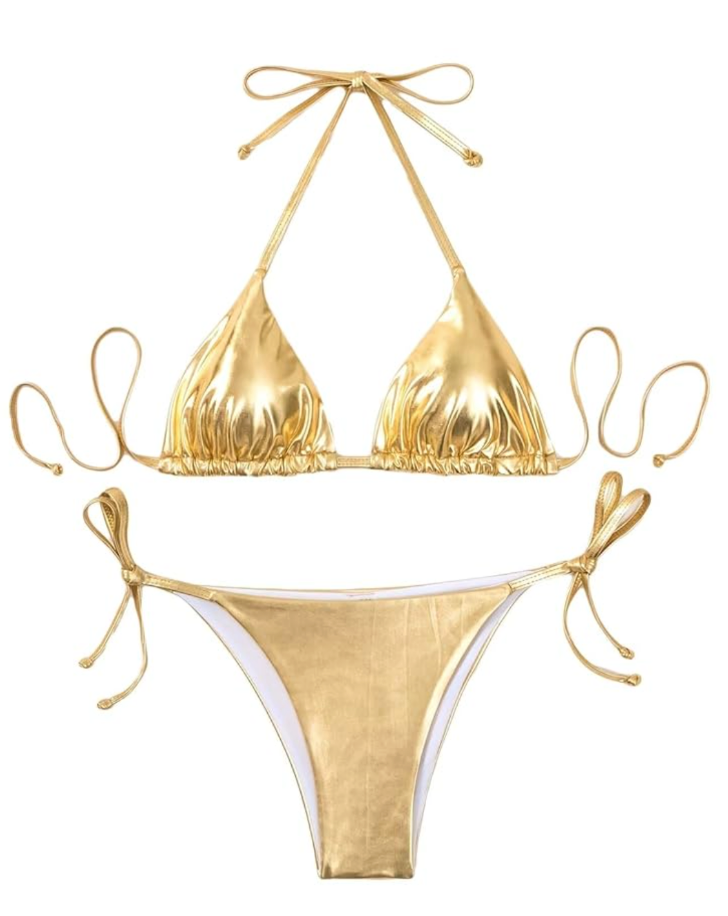 Women's Metallic Shiny Bathing Suit High Waisted Triangle Tie Side Swimsuit Bikini Set XXL, Gold