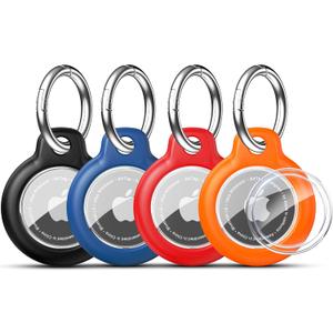 RFUNGUANGO Apple AirTag Holder with Key Ring 4 Pack AirTag Case, Hard Protective AirTag Case for Kid, Pet, Luggage, Backpack, Key - Black/Orange/Blue/Red