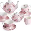 BTaT- Floral Tea Sets for Adults, 13 pcs, Service for 4, Pot (38 oz) & Cups (8 oz) with Saucers, Pastel Pink Floral Design with Gift Box, Porcelain Tea Set for Adult, Dishwasher Safe, Christmas Gifts