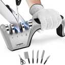 Longzon 5-in-1 Knife Sharpener 4 Stage with Cut-Resistant Glove, Quickly Sharpens & Restores Dull Blades, Easy & Safe for Home Kitchen Use, Fits Most Knives and Scissors, Black+Silver