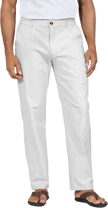 Mens Casual Pants Linen Elastic Waist Lightweight Straight Leg Pants Cotton Loose Fit Summer Beach Yoga Trousers
  White L