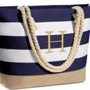 YOOLIFE Initial Canvas Waterproof Beach Tote Bag Zipper Personalized Gifts for Women Her Birthday Travel Beach Essential (Dark Blue)