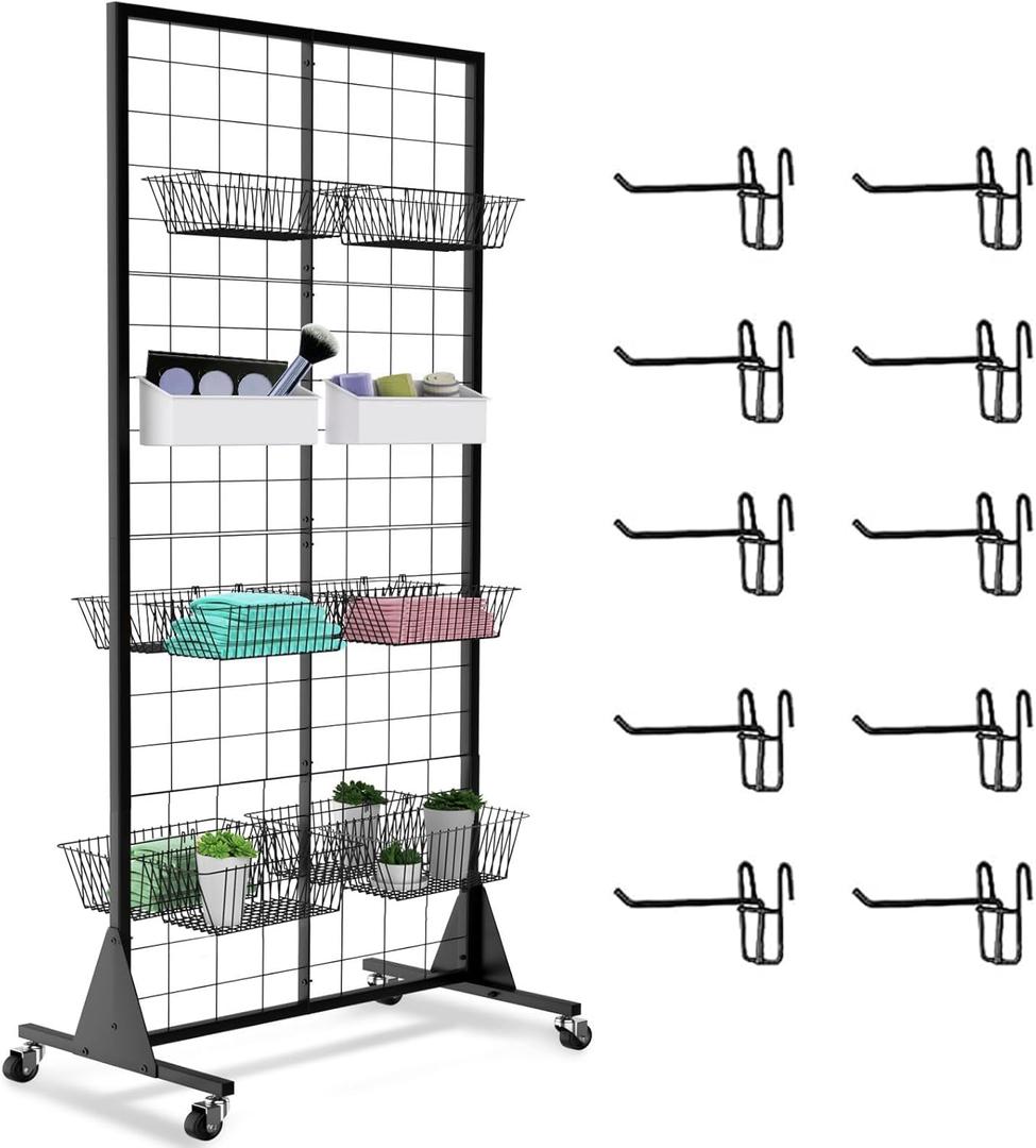 1-Pack Grid Wall Panels, 2' X 5.5' Ft Gridwall Panel Display Stand, Heavy Movable Floorstanding Detachable Gird Wall Panels,Suitable for Art Fairs(with Extra 10 Hooks