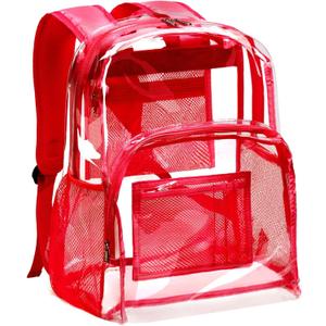 Vorspack Clear Backpack Heavy Duty PVC Transparent Backpack with Reinforced Strap Stitches & Large Capacity for College Workplace Security - Red