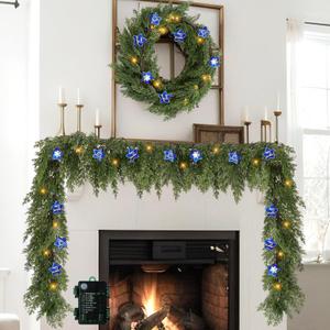 2 Pcs 6.2ft Prelit Realistic Christmas Cedar Garland with Star Lights Artificial Cypress Garland Battery Operated with Timer for Table Mantle Christmas Decor (Blue)