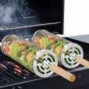 Cestas de parrilla anidables (2 unidades), acero inoxidable 304 con mango de madera extrable, red de parrilla rodante, accesorios para barbacoa, herramientas para verduras y camarones, campamento al