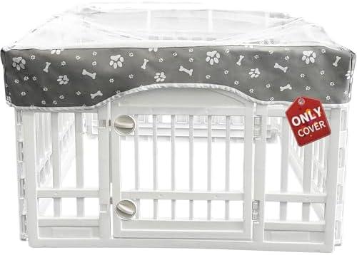 PJYuCien Dog Playpen Mesh Top Cover, Fits 36 Inch 4 Panels Regular Square Plastic Exercise Pet Pen, Adhesive Tape Connections, Grey paw(Note: Cover Only, Fence Not Included)