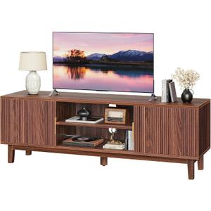 PRAISUN 54 Inch TV Stand for 50, 55 Inch TV, Fluted Entertainment Center with 2 Cabinets, TV Consoles for Living Room, 3-Level Adjustable Shelf, 4 Cable Holes, Meida Console, Walnut