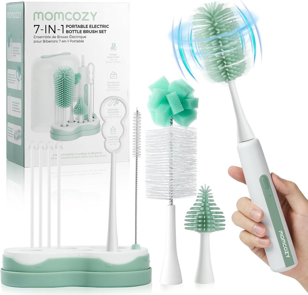 Momcozy Electric Baby Bottle Brush Set with Drying Rack, 7-in-1 Powered Bottle Cleaner & Formula Mixer, Portable Newborn Essentials for Pump Parts & Travel (Green)