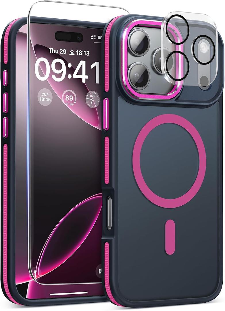 Magnetic 3 in 1 for iPhone 17 Pro Max Case, [Omni-Directional Protection] with 1x Screen Protector + 1x Camera Cover, [Seamless Work with Magsafe] Protective Silm Case for iPhone 17 Pro Max Hot Pink