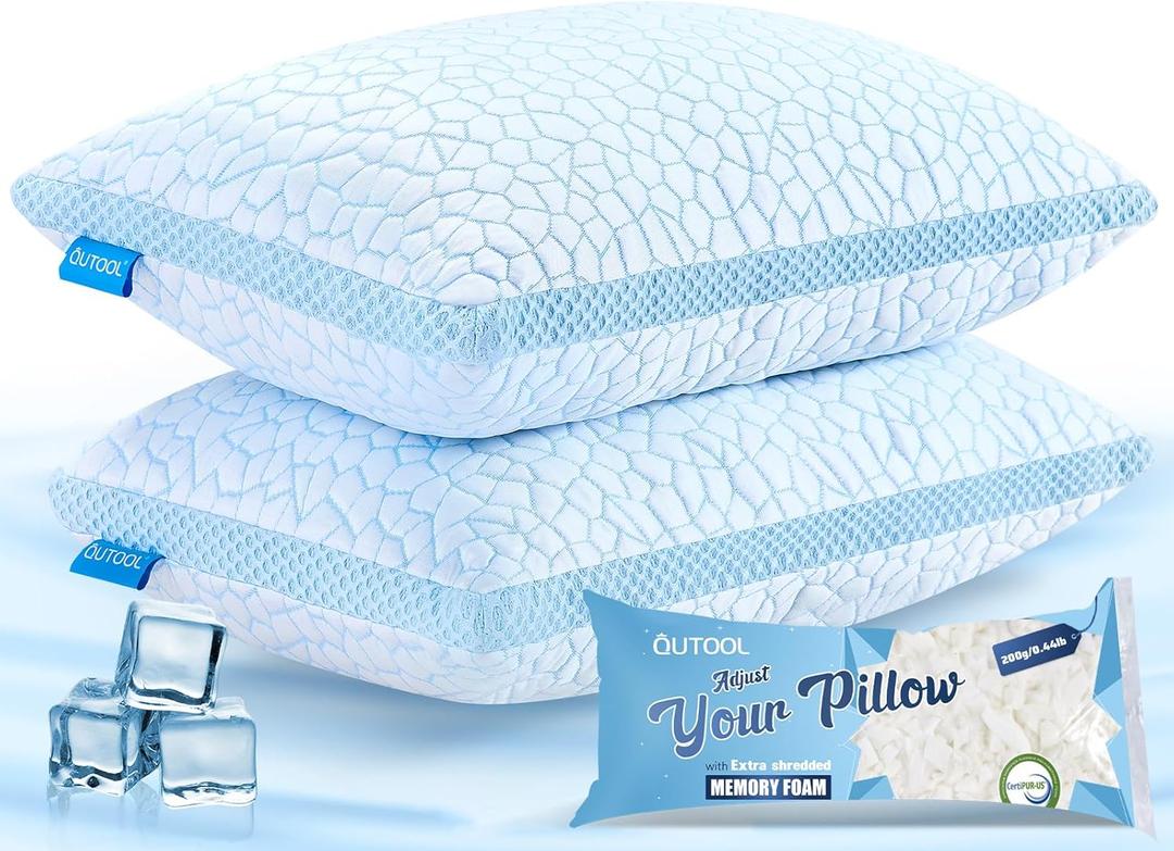 QUTOOL Double Sided Cooling Pillow for Hot Sleepers, Shredded Memory Foam Pillows Standard Size Set of 2, Adjustable Soft & Firm Gel Bed Pillow for Side, Back, Stomach Sleepers (Icy Blue)