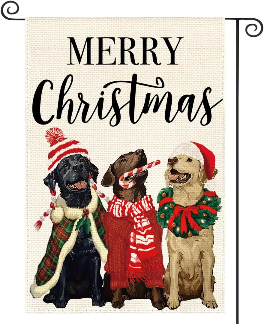 AVOIN colorlife Merry Christmas Hat Wreath Dog Garden Flag 12x18 Inch Double Sided, Xmas Winter Holiday Yard Outdoor Decorative Flag (White)