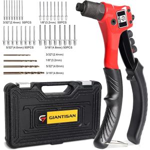 Rivet Gun, GIANTISAN Pop Rivet Tool Kit with 200 Rivets and 4 Drill Bits, Manual Hand Riveter Kit with Rugged Carrying Case