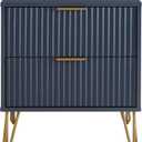 Manhattan Comfort Dumbo Fluted Nightstand with 2 Drawers, Gold Metal Legs and Metal Handles, Snap Tool-Free Assembly, Modern Bedside Accent Table with Storage for Bedroom, Living Room in Midnight Blue, Set of 1