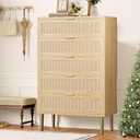 IDEALHOUSE Rattan 5 Drawer Dresser, 44''Tall Narrow Chest of Drawer, Farmhouse Wooden Vertical Dresser with Metal Legs and Handles, Modern Cabinet for Bedroom, Living Room, Oak (Natural)