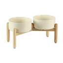 Havniva Ceramic 7.3inch Raised Double Bowls Set with Wooden Stand, Food & Water Bowls for Medium Breed Dogs, Weighted Dog Dishes, Pet Feeder(Light Yellow)