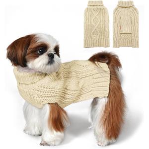 kyeese Dog Sweaters for Small Dogs with Golden Thread Turtleneck Dog Cable Knit (Beige)