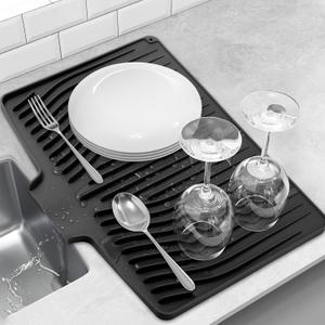 Silicone Dish Drying Mat for Kitchen Counter, Dish Drainer Mat, Non-Slip Drying Pad with Built-in Drain, Kitchen Drying Matt For Counter(18.9" x 11.8", Black)