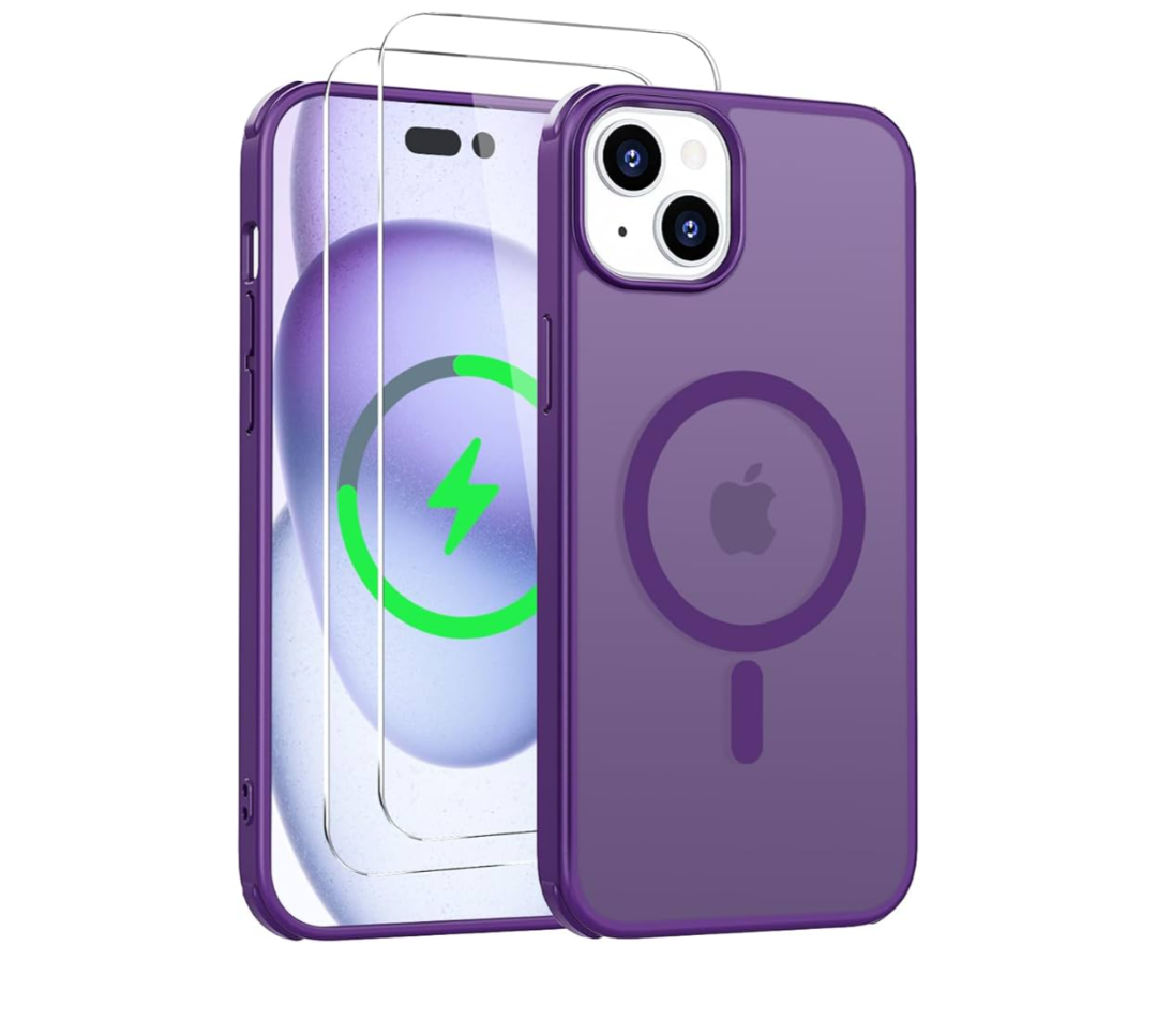 Iokmax Magnetic for iPhone 15 Pro Max Case [Compatible with MagSafe]with 2X Screen Protector, MilitaryGrade Slim Shockproof Phone Cover Translucent Matte AntiFingerprint AntiScratch,6.7 inch,Purple, Set of 2