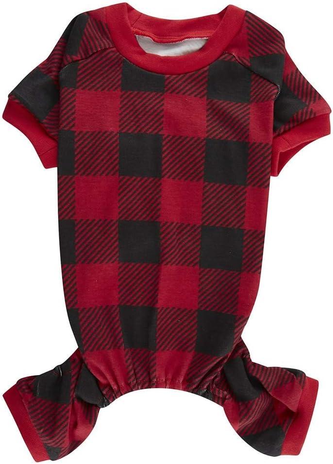 Red Plaid Christmas Clothes for Medium Large Dogs, Buffalo Red Black Plaid Dog Pajamas Onesie PJS, Back Length 19" Large (Large (27-46lbs) Back 20" Chest 22-26")
