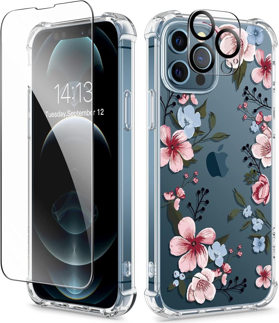 GVIEWIN for iPhone 12&iPhone 12 Pro Case Floral, with Screen Protector&Camera Lens Protector,[Non Yellowing] Soft Shockproof Clear Phone Protective Cover for Women, Flower Pattern 6.1" (Catharanthus/Pink)