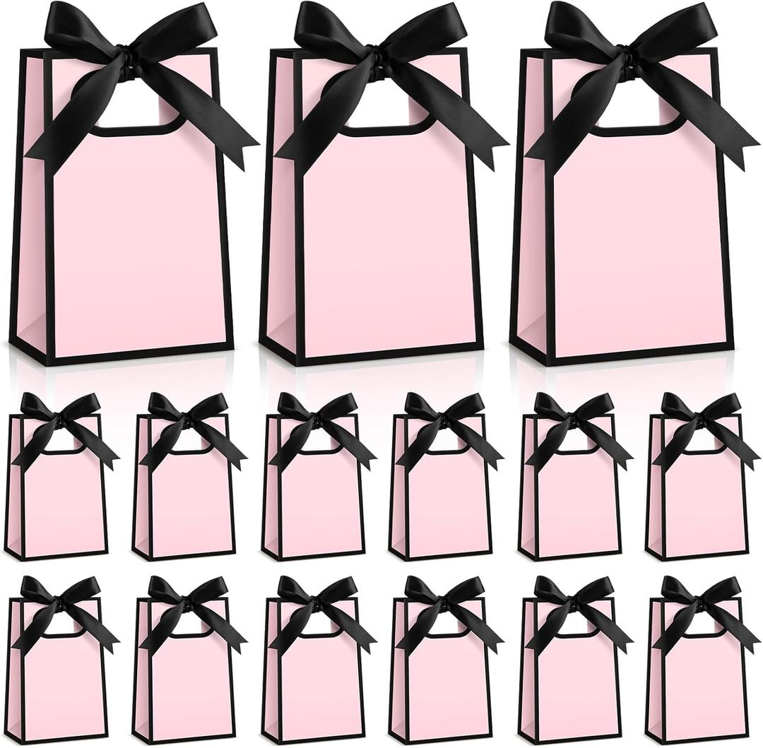 Kolldenn 24 Pcs Small Gift Bags with Bow 6.3 x 3.9 x 2.8 Inch Thank You Gift Bags Elegant Mini Paper Bag with Handles for Wedding Bridal Birthday Baby Shower Bridesmaid Party Favors(Pink Black)