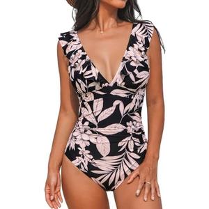 CUPSHE Women's Ruffled One Piece Swimsuit V Neck Lace Up M