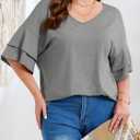 Beautife Womens Plus Size V Neck T Shirts Short Ruffle Sleeve Blouses 2026 Summer Casual Loose Fit Knit Tops (Gray, XXXL)