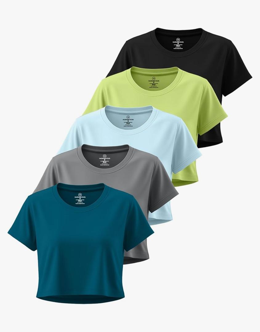 Real Essentials 5 Pack: Women's Dry Fit Crop Top - Short Sleeve Crew Neck Stretch Athletic Tee XL