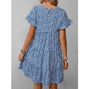 Chuanqi Womens Ruffles Boho Floral Printed Babydoll Loose Swing Casual Short Mini T-Shirt Dress Medium