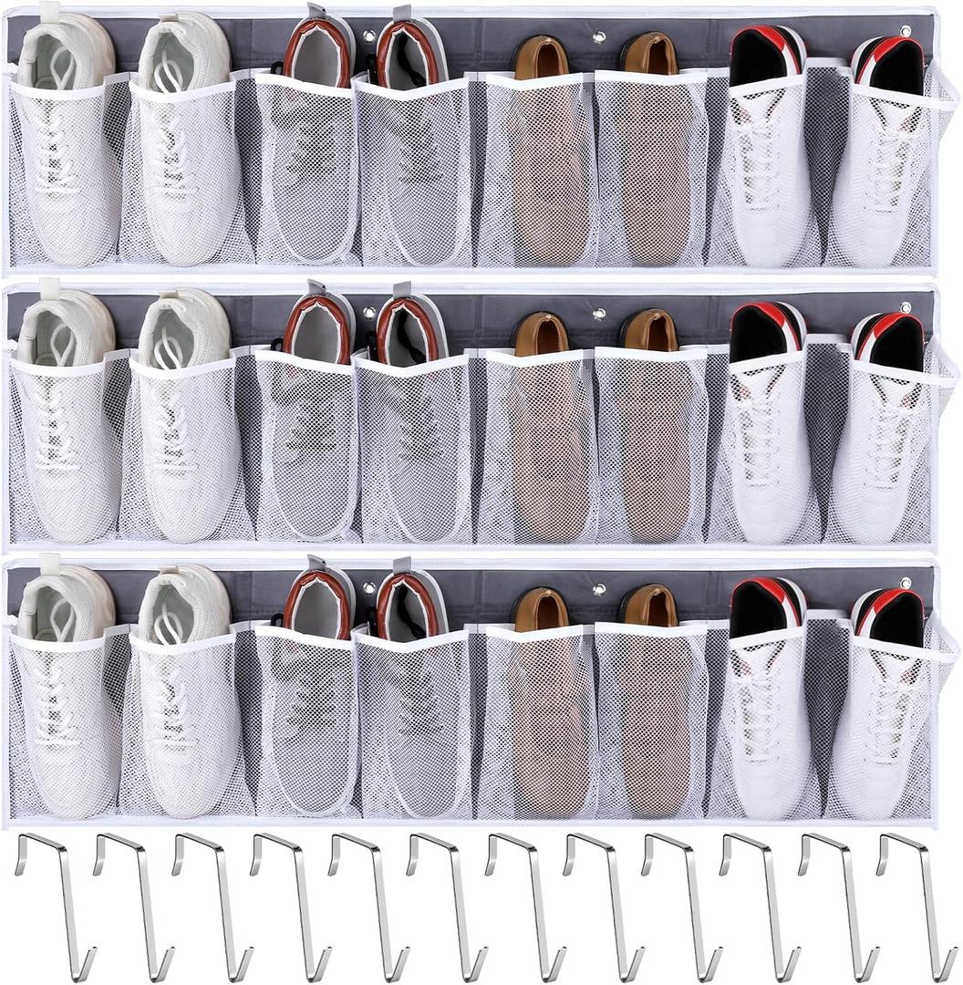 3 Pack RV Shoe Storage for Bedside, Hanging Shoe Organizer with 8 Large Pockets Wall Mounted Bedside Caddy with Sturdy Hooks for Entryway Camper, RV & Camper Essentials