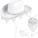 Homaisson White Cowgirl Hat for Women, Sparkly Cowboy Hat with Sunglasses Bandanas Glitter Cowgirl Hat for Themed Party Costume (White)