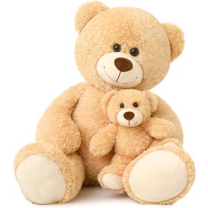 Muiteiur 39 Inch Giant Teddy Bear, Fun Mom Bear Plush with Attached Baby, Large Soft Plush Toy Gift for Kids Girlfriend Boy (Light Brown)