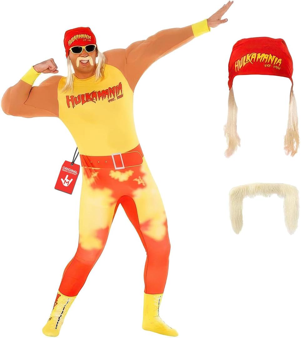 Morph Hulk Hogan Costume, WWE Costume, Hulk Hogan Wrestling Adult Outfit, WWE Wrestling Halloween Outfit with Accessories (Large)