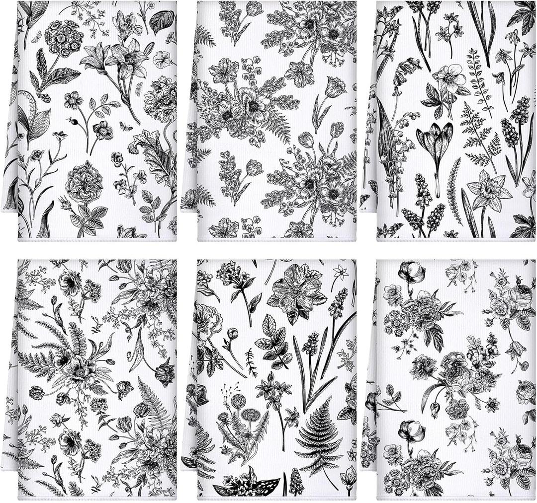 Boyiee Set of 6 Black and White Kitchen Towels Vintage Floral Plants Dish Towels Rustic Absorbent Flower Tea Hand Cloth 24"x16" for Summer Farmhouse Kitchen Bathroom Housewarming Gift